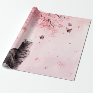 Japanese Sakura Tree with Black Cat and Butterfly Wrapping Paper