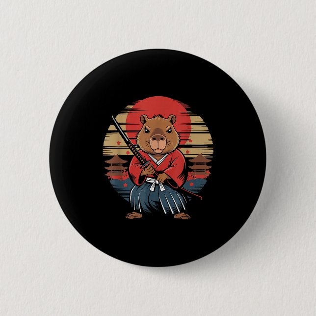Japanese Samurai Capybara  6 Cm Round Badge (Front)