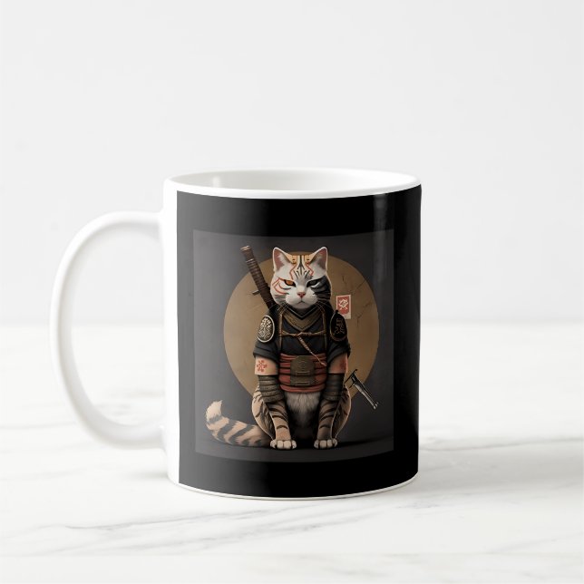 Japanese Samurai Cat Coffee Mug (Left)