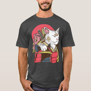 Japanese Samurai Cat Cosplay Manga Anime Warrior   T-Shirt