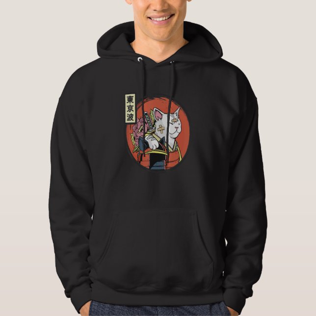 Japanese Samurai Cat Japan Aesthetic Sun Flag Japa Hoodie (Front)