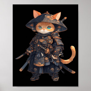Japanese Samurai Cat Kawaii Ninja Cat Neko Poster