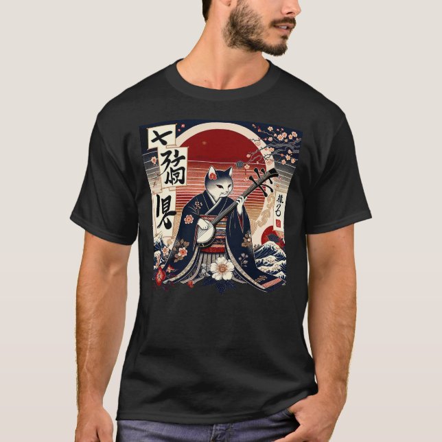 Japanese Samurai Cat Playing Banjo Guitar Cute Kit T-Shirt (Front)