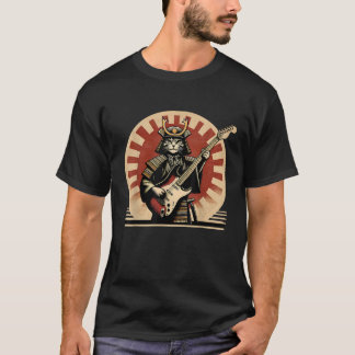 Japanese Samurai Cat Playing Electric Guitar Retro T-Shirt