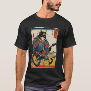 Japanese Samurai Cat Playing Electric Guitar Ukiyo T-Shirt