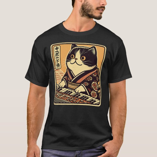 Japanese Samurai Cat Playing The Keyboard T-Shirt (Front)