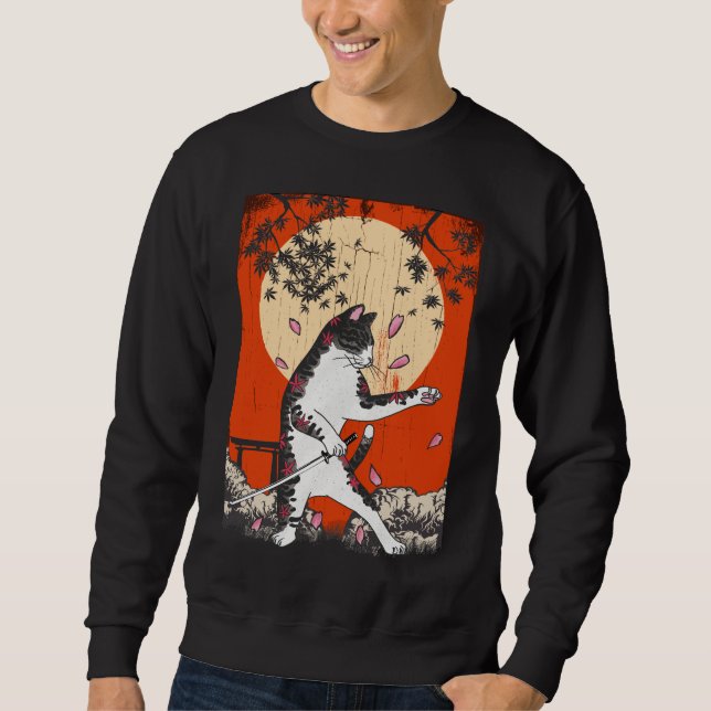 Japanese Samurai Cat Swordsman Kitten Sweatshirt (Front)