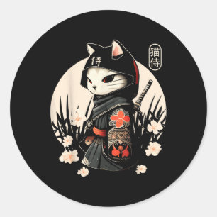 Japanese Samurai Cat Tattoo, Kawaii Ninja Cat _1  Classic Round Sticker