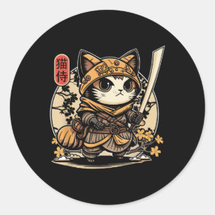 Japanese Samurai Cat Tattoo, Kawaii Ninja Cat _3 Classic Round Sticker