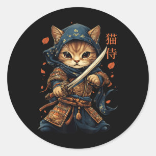 Japanese Samurai Cat Tattoo Kawaii Ninja Cat Cat W Classic Round Sticker