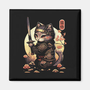 Japanese Samurai Cat Tattoo, Kawaii Ninja Cat Magnet