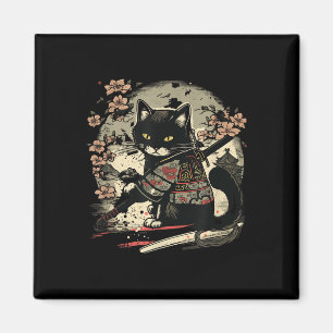 Japanese Samurai Cat Tattoo, Vintage Kawaii Ninja Magnet