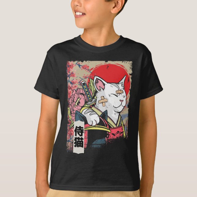 Japanese Samurai Cat Warrior Japan Ninja Kitten T-Shirt (Front)