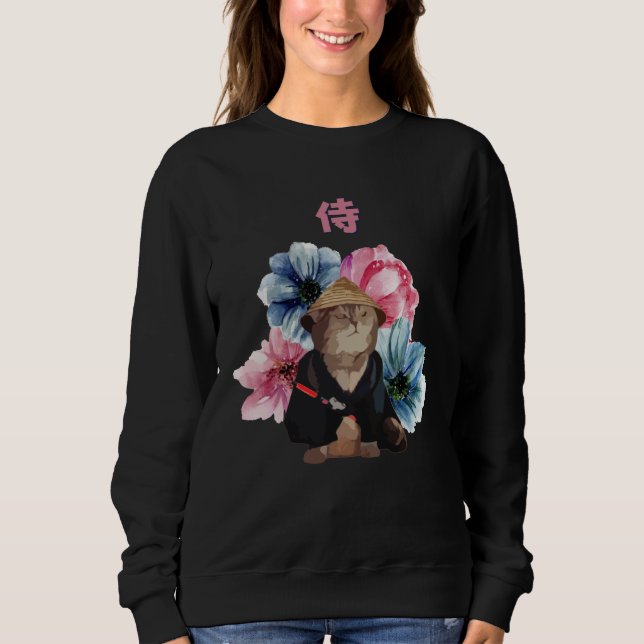 Japanese Samurai Cat Watercolor Flowers Sweatshirt (Front)