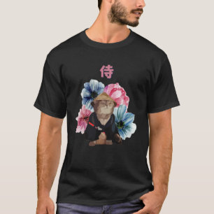 Japanese Samurai Cat Watercolor Flowers T-Shirt