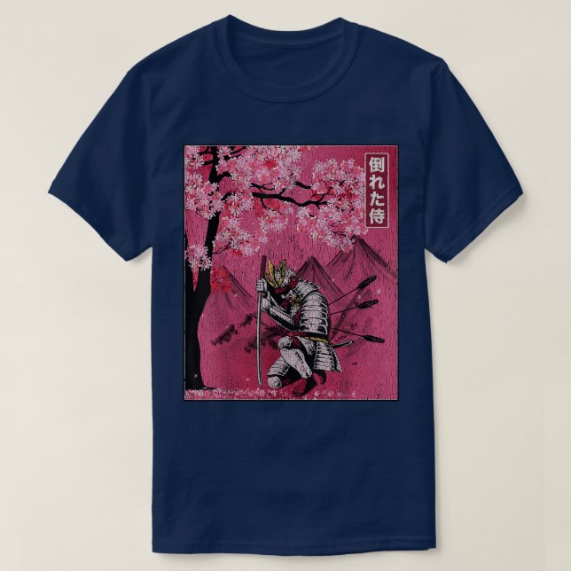 Japanese Samurai Fallen Warrior Cherry Blossom Vin T-Shirt (Design Front)