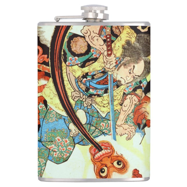 Japanese Samurai fighting giant white monkey Hip Flask (Front)