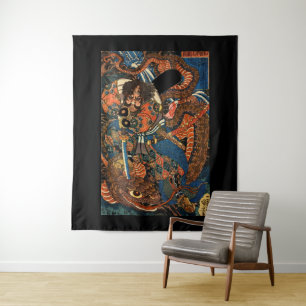 Japanese Samurai fighting monster Tapestry