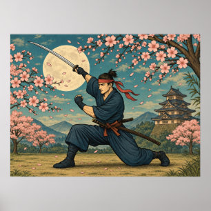 Japanese Samurai Full Moon Cherry Blossom Poster