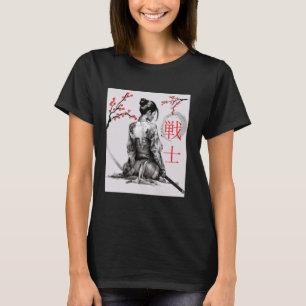 Japanese Samurai Girl Cherry Blossom Woodblock Art T-Shirt