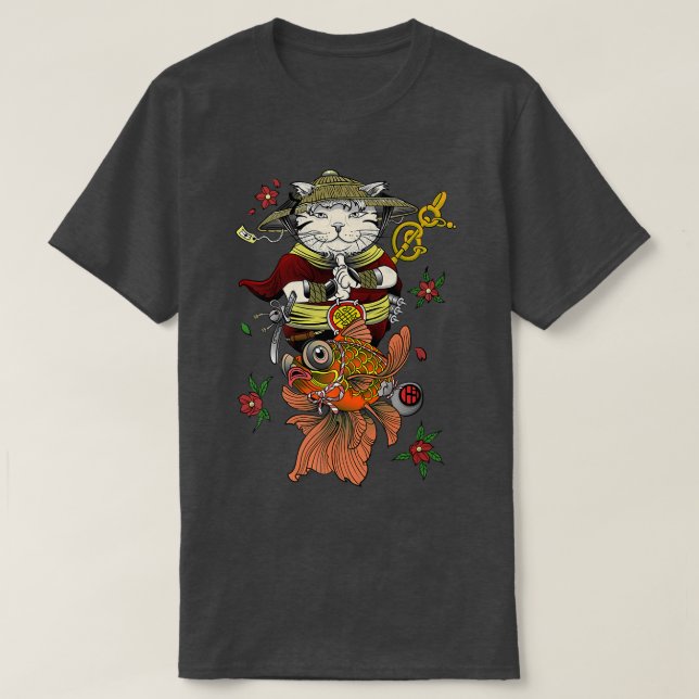 Japanese Samurai Katana Ninja Cat and Koi Fish Car T-Shirt (Design Front)