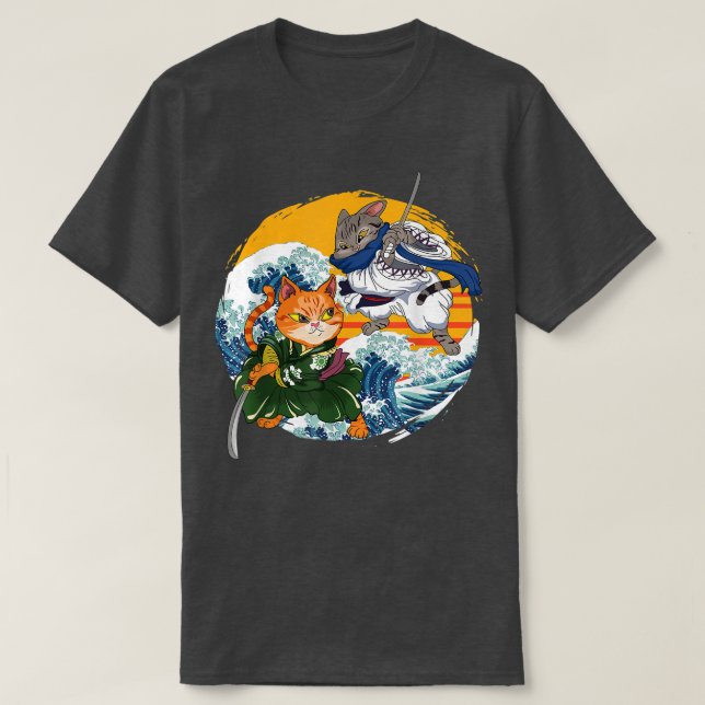 Japanese Samurai Ninja Cat Kawaii Graphic T-Shirt (Design Front)