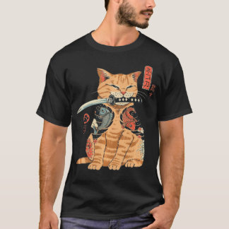 Japanese Samurai Ninja Cat Kawaii Tattoo Graphic  T-Shirt