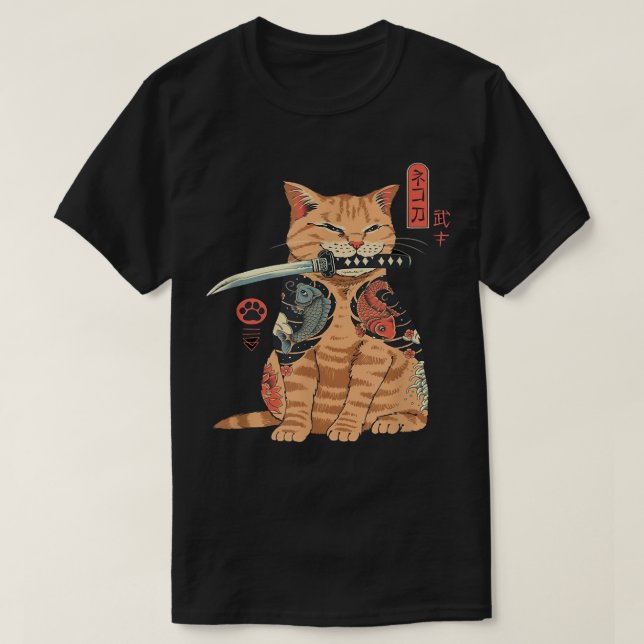 Japanese Samurai Ninja Cat Kawaii Tattoo Graphic T-Shirt (Design Front)