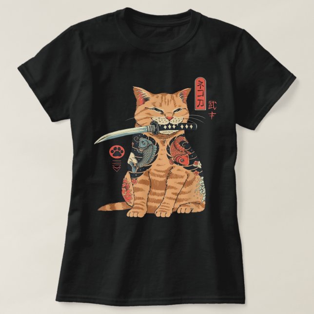 Japanese Samurai Ninja Cat Kawaii Tattoo Graphic T-Shirt (Design Front)