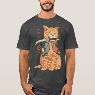 Japanese Samurai Ninja Cat Kawaii Tattoo Graphic T T-Shirt