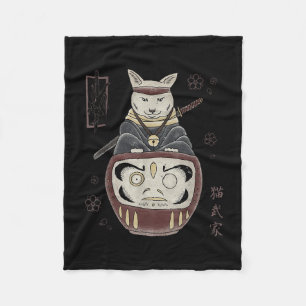 Japanese Samurai Ninja Cat On Daruma Traditional T Fleece Blanket