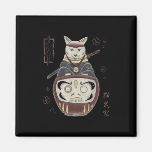 Japanese Samurai Ninja Cat On Daruma Traditional T Magnet