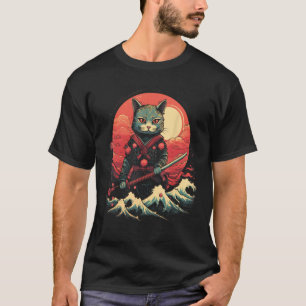 Japanese Samurai Ninja Cat Retro Tattoo Graphic 4 T-Shirt