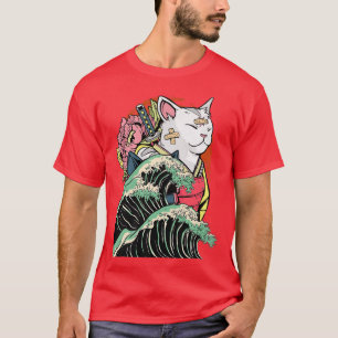 Japanese Samurai Ninja Cat The great wave Kanagawa T-Shirt