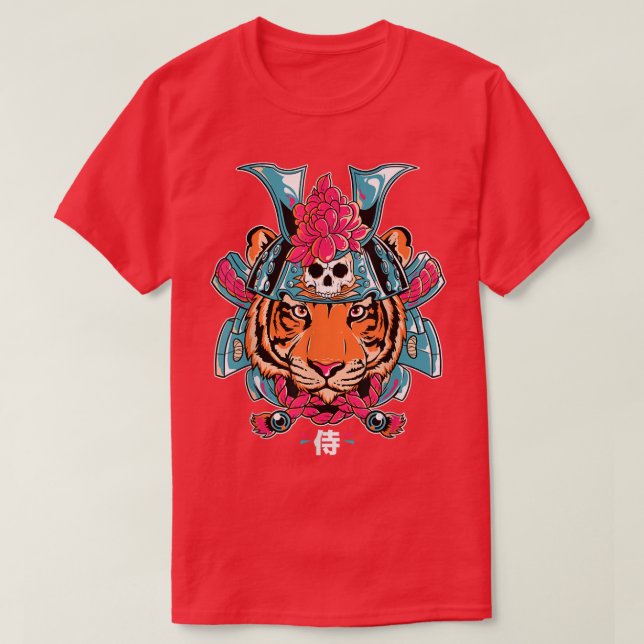 Japanese Samurai Ninja Tiger Kawaii Tattoo Graphic T-Shirt (Design Front)