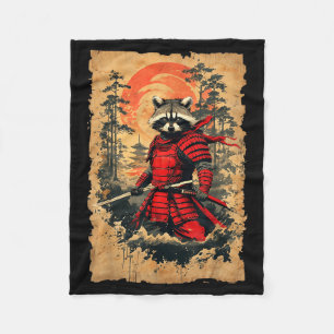 Japanese Samurai Raccoon Warrior Vintage Style Gra Fleece Blanket