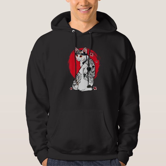 Japanese Samurai Senpai Cat Tattoo Teacher Master  Hoodie (Front)