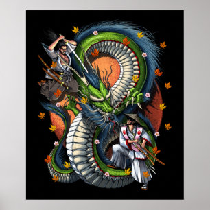 Japanese Samurai vs Dragon Poster