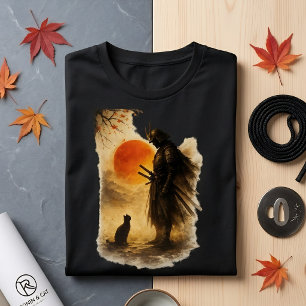 Japanese Samurai Warrior & Black Cat Art T-Shirt