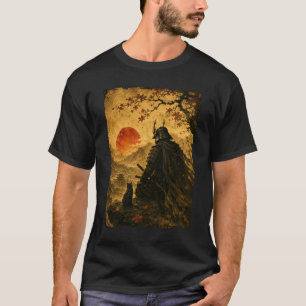 Japanese Samurai Warrior Black Cat Red Sun Mountai T-Shirt
