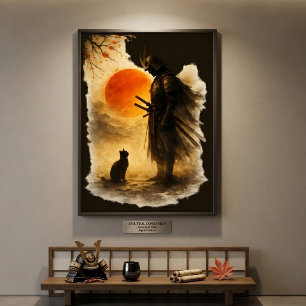Japanese Samurai Warrior & Black Cat Under Blood Poster