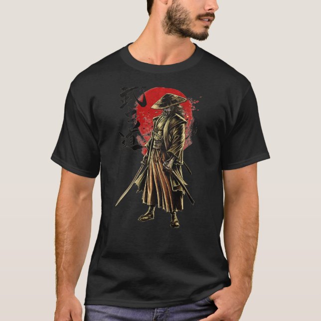 Japanese Samurai Warrior Bushido Swordsman Retro V T-Shirt (Front)