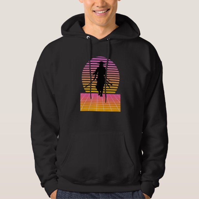 Japanese Samurai Warrior Retro Split Sunset Hoodie (Front)