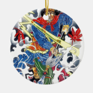 Japanese Samurai with Spear tattoo design Ceramic Tree Decoration