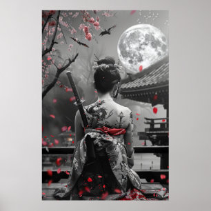 Japanese samurai woman with tattoo under full moon poster