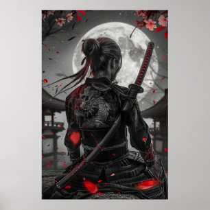 Japanese samurai woman with tattoo under full moon poster