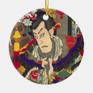 Japanese Samurai Woodblock Print Ceramic Tree Decoration