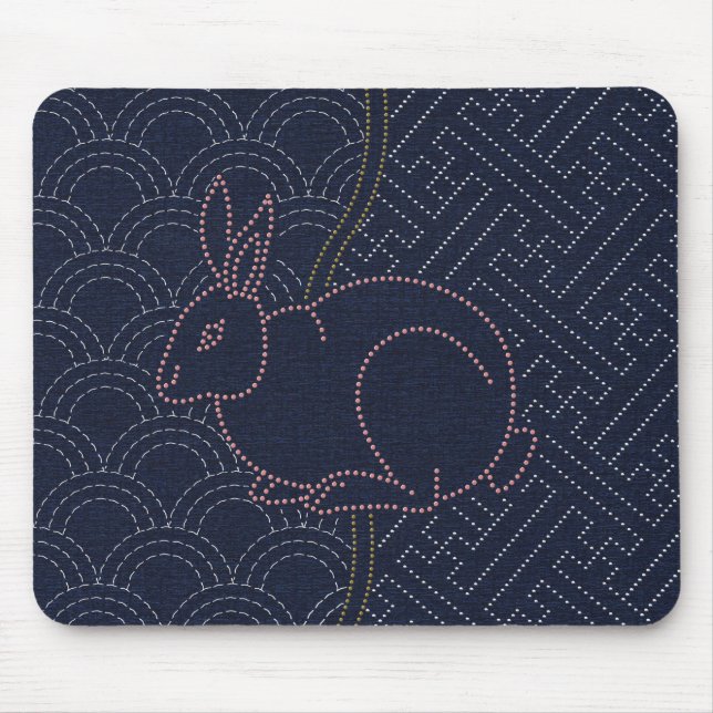 Japanese sashiko rabbit 2 mouse pad (Front)