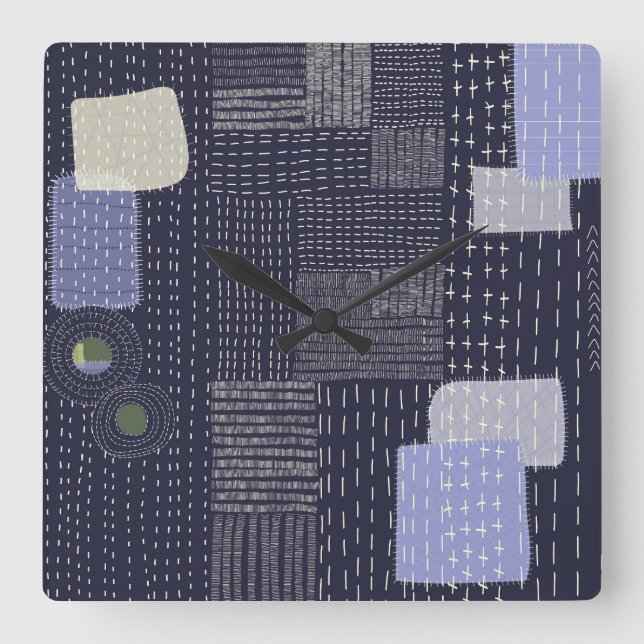 Japanese sashiko stiches resembling pattern square wall clock (Front)