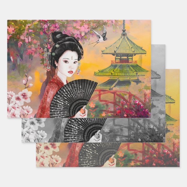 Japanese Scene With A Woman Wrapping Paper Sheet (Set)